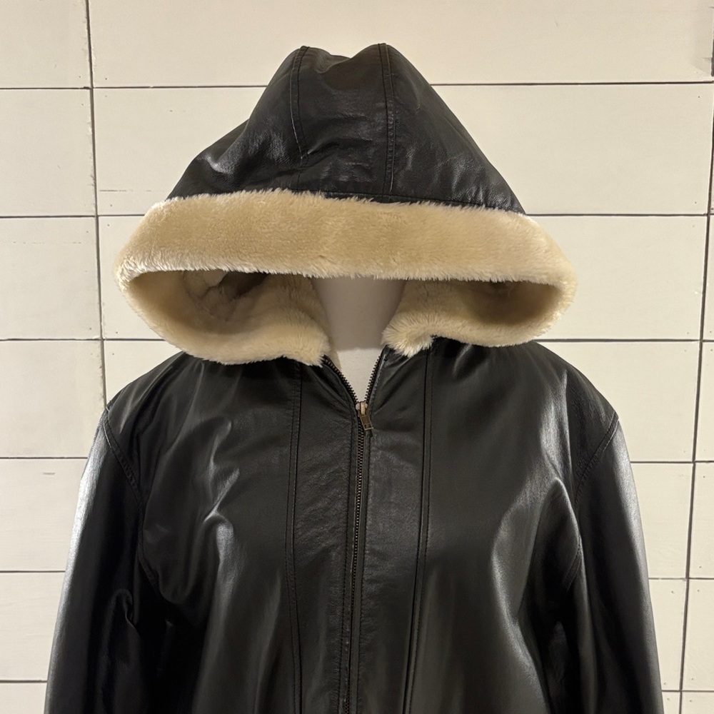 Vintage Ribak 100% Leather Hooded Jacket with Faux-Shearling Lining